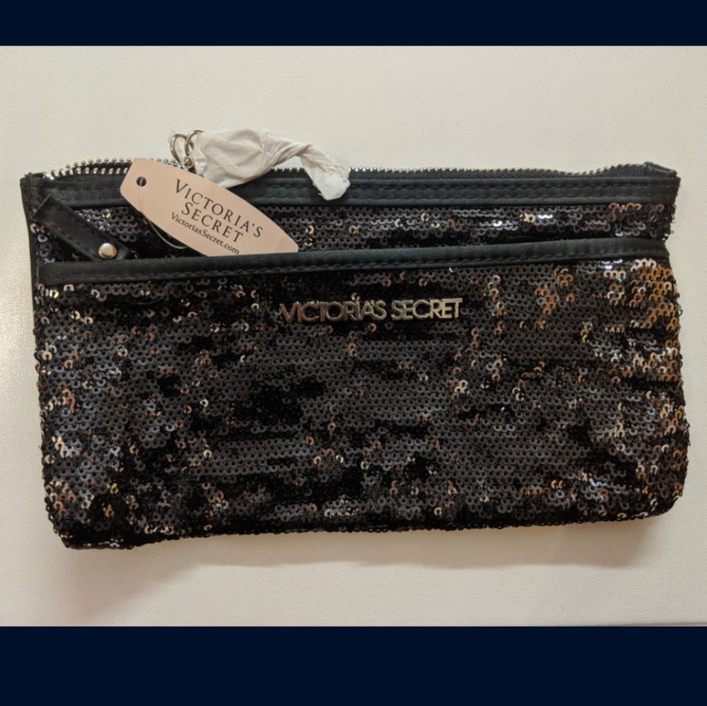 NEW Victoria's Secret Black Sequin Makeup Purse